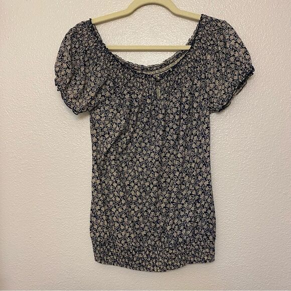 Lucky Brand boho white black print smocked cotton short sleeve blouse top-S - Picture 3 of 9